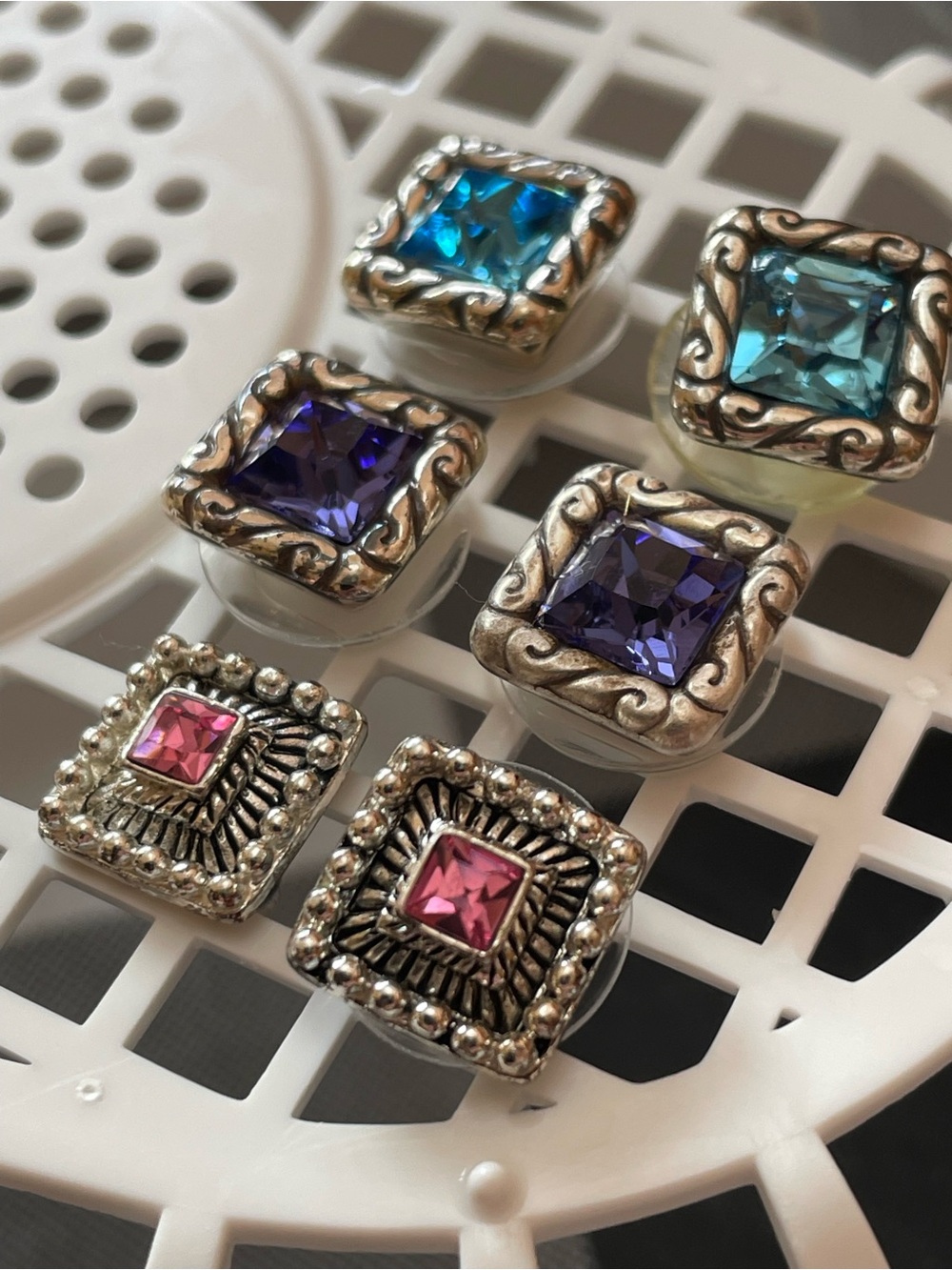 3x Brighton Square Crystal Stud Earrings in Blue, Purple & Pink - Designer Style